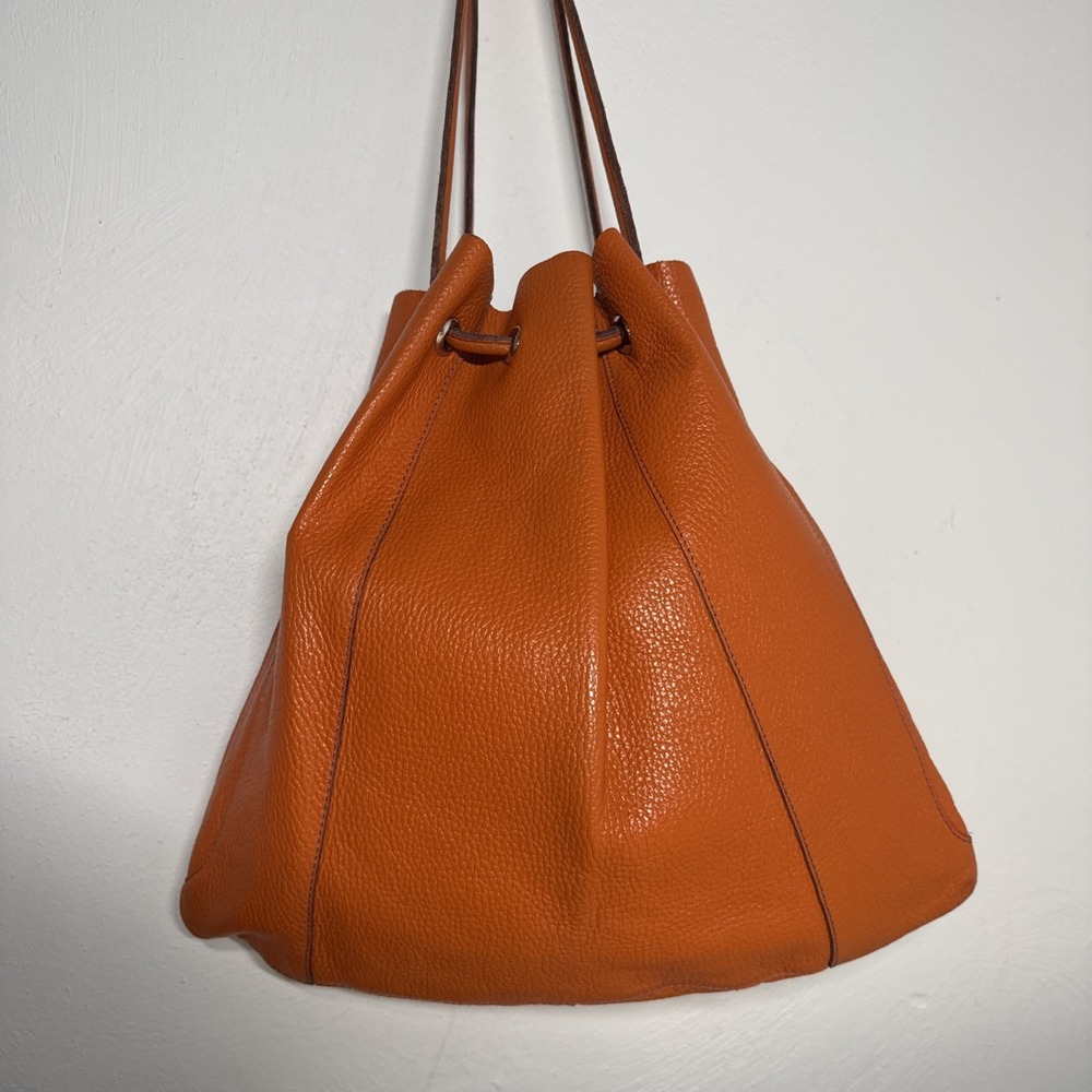 Mywalit Shoulders Bucket Purse Bag Pebbled Leather Orange Drawstring With Pouch